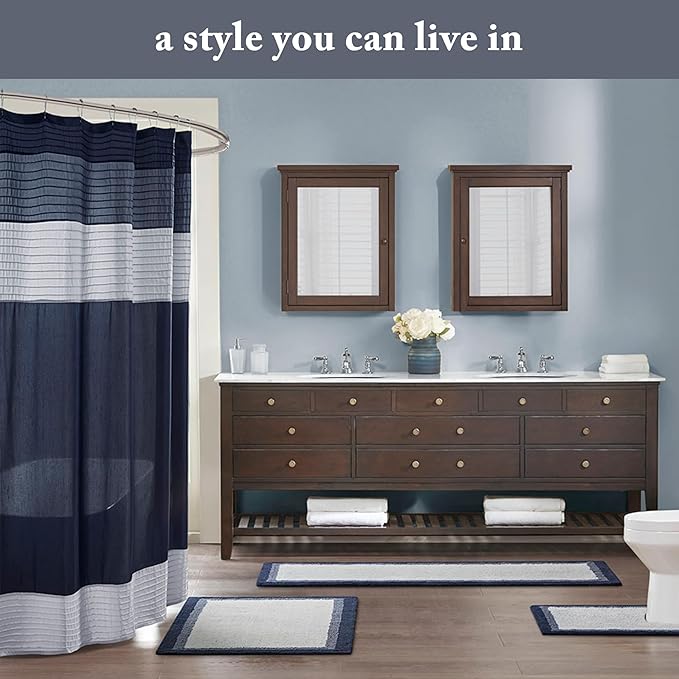 Madison Park Amherst Bathroom Shower Curtain Faux Silk Pieced Striped Modern Microfiber Bath Curtains, 72x84 Inches, Navy