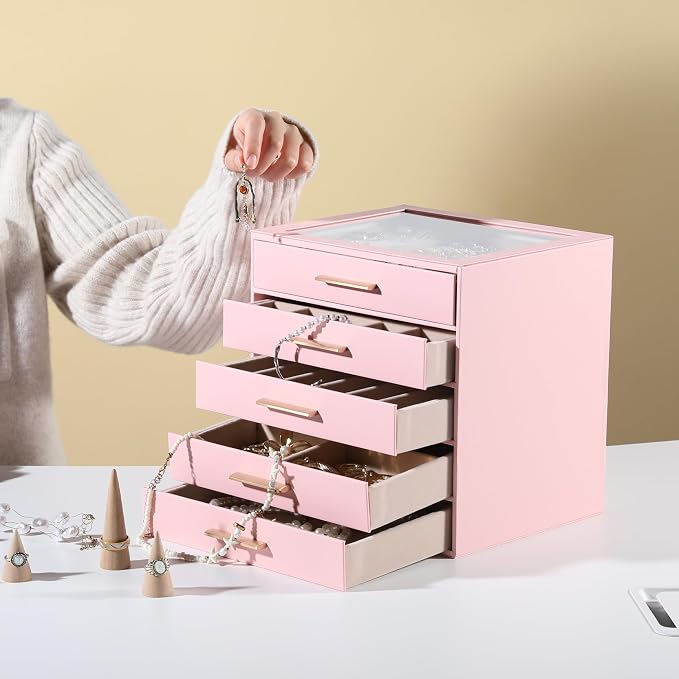 Frebeauty Jewelry Box for Women,Clear Lid Jewelry Organizer with 5 Drawers | Faux Leather,Velvet Lining,5-Layer Large Capacity,Jewelry Storage for Rings Earrings,Dustproof Design,Golden Stylish Handle
