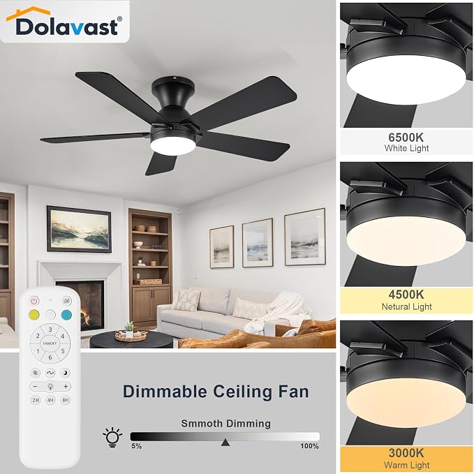 Ceiling Fans with Lights, 42 Inch Low Profile Ceiling Fan with Light and Remote Control, Flush Mount, Reversible, 3CCT, Dimmable LED, Quiet, Black Ceiling Fan for Bedroom, Kitchen