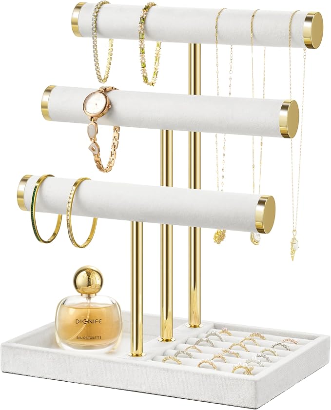 Jewelry Organizer Stand Display, 3 Tier Velvet Bracelet Holder, White | Jewelry Organizers and Storage | Jewelry Tree | Jewelry Towers for Necklaces, Bracelets, Earrings, Rings