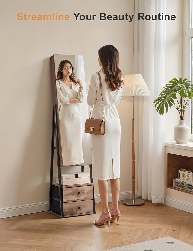 Nicetree Jewelry Cabinet Armoire with 2 Drawers, Standing Jewelry Mirror Cabinet, Full Length Mirror with Jewelry Storage, Lockable Jewelry Organizer with Mirror, Oak