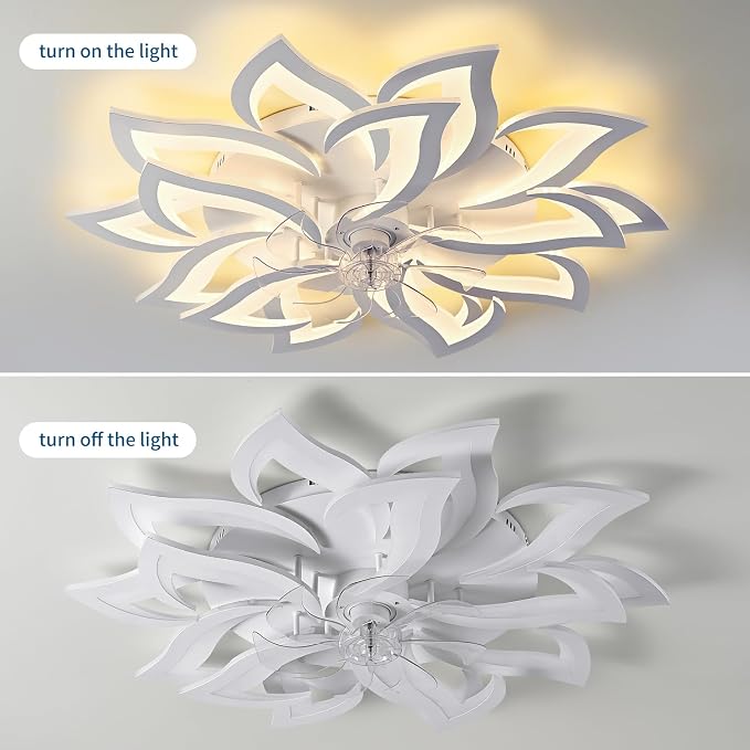 15Leaves-White Flower Modern CeilingFans with Lights, Low Profile Ceiling Fan with Remote for Bedroom, Ceiling Fan with LED Dimmable Light,3-Colors, 6-Speeds, Timing CeilingFan Light