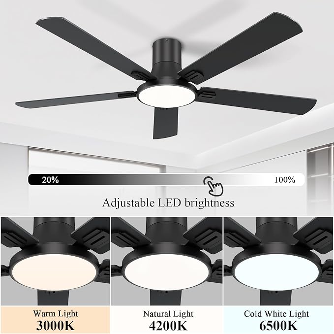 SNJ 60 Inch Black Ceiling Fans with Lights and Remote,Flush Mount Low Profile 5 Blades Ceiling Fan,Dimmable Quiet Reversible DC Motor for,Living Room,Bedroom and Patio