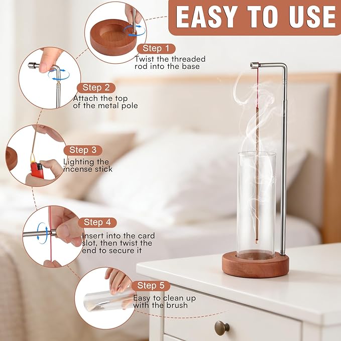 EMETE Incense Holder with Glass Ash Catcher, Retractable Wooden Incense Burner Fits Short, Long & Extra-Long Incense Sticks, Mess-Free Ash Catcher for Meditation Yoga Decor