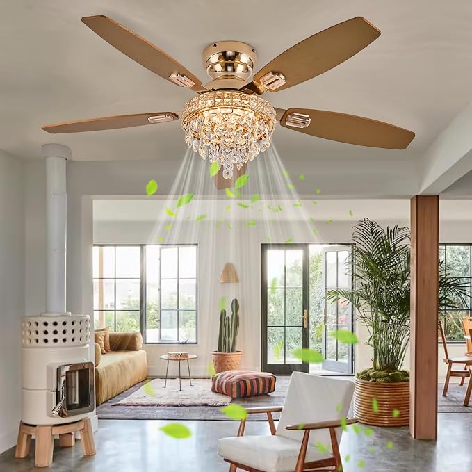 Crystal Ceiling Fan Fandelier with Lights-Ceiling Fans with Lights,50" Low Profile and Remote Control, Flush Mount, Reversible, Dimmable, Noiseless,Gold Ceiling Fan for Bedroom