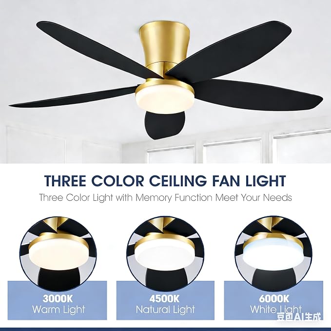 Surtime 42" Ceiling Fans with Lights-Low Profile Ceiling Fan with Light and Remote/APP Control,Flush Mount Gold Ceiling Fan with Reversible Black Blades