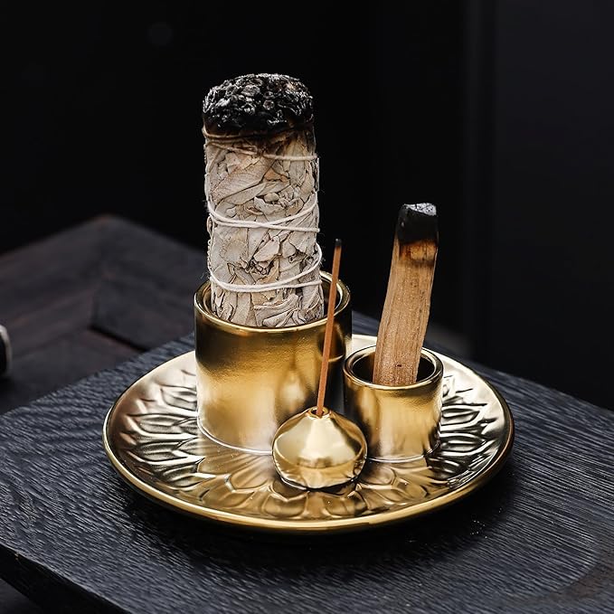 4 in 1 Incense Burner Holder with Ash Catcher, Gold-Plated Ceramic Tray for Burning Incense Sticks, White Sage, Palo Santo, Candle