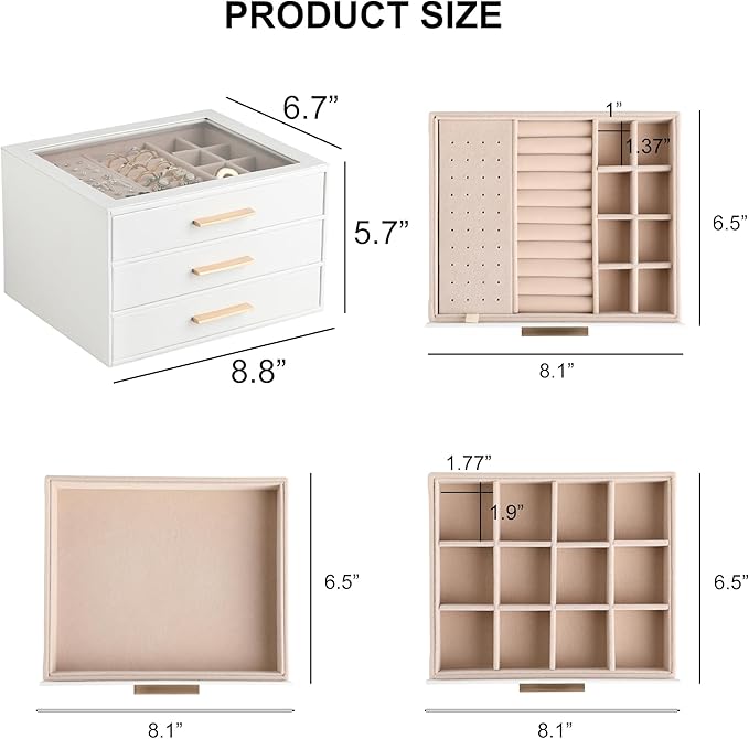 Frebeauty Jewelry Box for Women,Clear Lid Jewelry Organizer with 3 Drawers | Faux Leather,Velvet Lining,3 Layers,Jewelry Storage for Ring Earring Stud,Dustproof Design,Gift Choice,Golden Stylish Handle