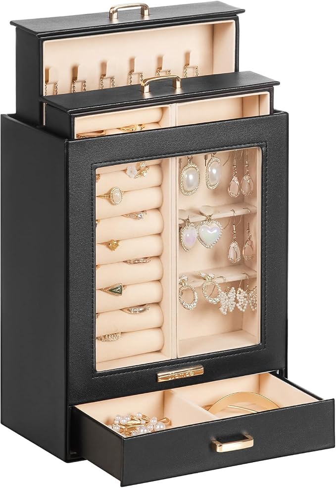 Homde Display Jewelry Box for Girls: Starter Organizer with Clear Window | Vertical Drawers for Earrings Rings Necklaces - Compact Footprint Fits Small Vanities - Birthday&Graduation Gift for Teens