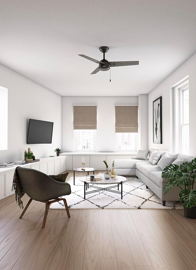 Hunter 44" Cassius Indoor/Outdoor Ceiling Fan, Pull Chain, Noble Bronze | Covered patios and porches get a no-light design, droop-free blades, and compact scale for offices or small rooms.