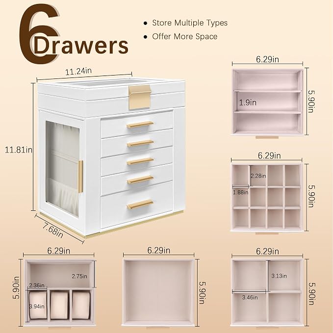 Homeanda 6-Layer Jewelry Boxes for Women, Large PU Leather Storage Organizer with 5 Drawers Glass Lid Case for Rings Necklaces Earrings Bracelets Watches, Gift for Wife and Girls (White)
