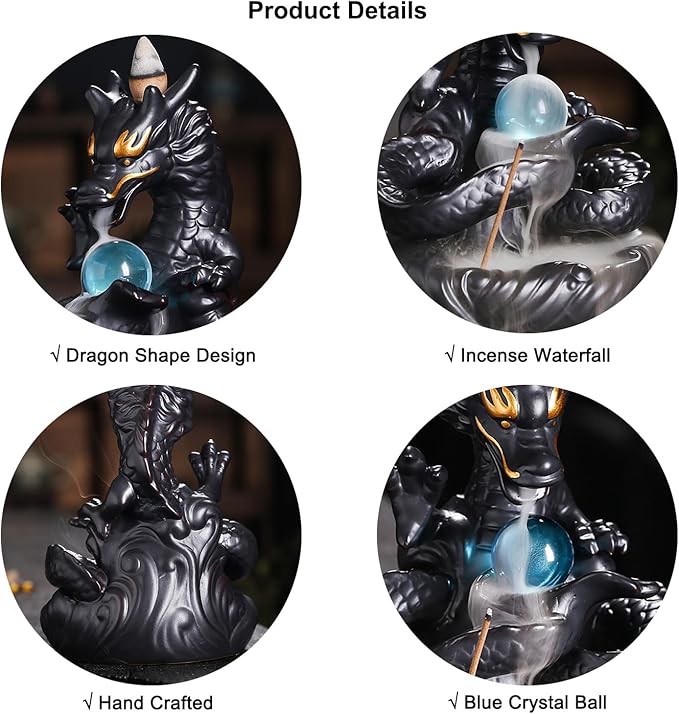 Dragon Shape Incense Waterfall, Ceramic Backflow Incense Holder, Handmade Waterfall Incense Burner with 20 Backflow Incense Cones + 30 Incense Sticks, Home Office Decor