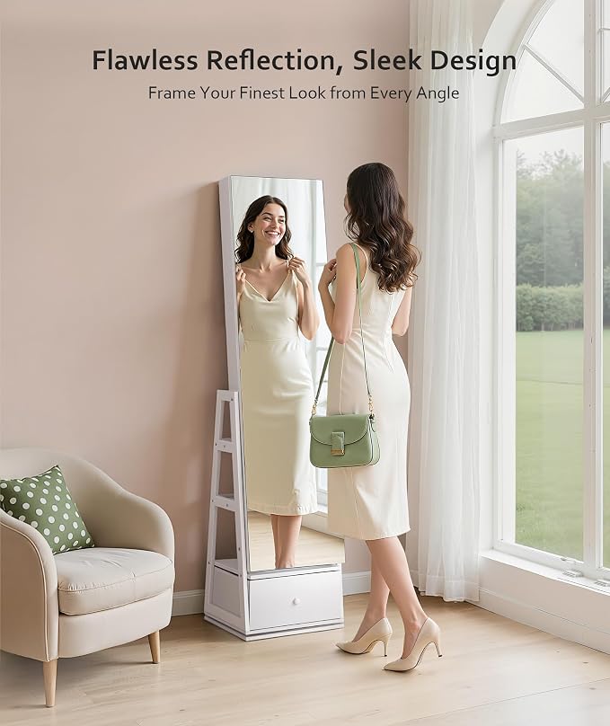 Nicetree 360° Swivel Jewelry Cabinet, Rotatable Full Length Mirror with Jewelry Storage, Standing Jewelry Armoire Organizer, Lockable Jewelry Organizer with 3 Rear Shelves, Bottom Drawer, Pure White