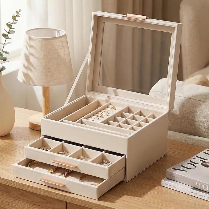 Jewelry Box Organizer with Glass Lid, 3-Layer with Double Drawers, Luxury Velvet Lined Desktop Display Case for Earrings Rings Necklaces, Gift for Women Girls (White)