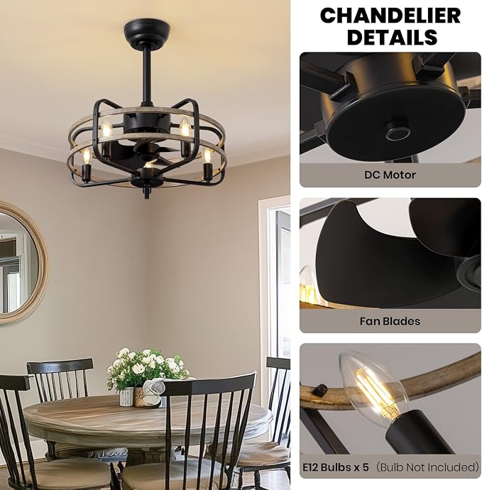 NOXARTE 20 Inch Caged Ceiling Fan with Light and Remote, Flush Mount Vintage Farmhouse Fandelier 6 Speeds Reverse Motor Rustic Bladeless Ceiling Fan for Bedroom Living Room Dining Room