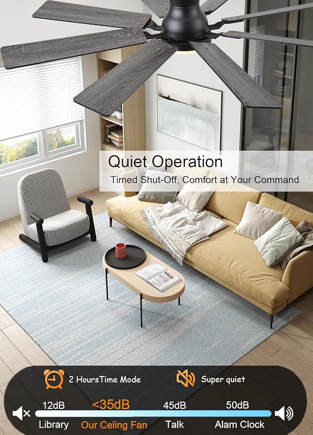 JSAITEE 52 inch Ceiling Fan with Light, 6 Speeds Reversible Low Profile Ceiling Fan with Light and Remote/APP Control, 3 Color Temp+Dimmable RGB, 8 Blades, Flush Mount Quiet Ceiling Fans, Black