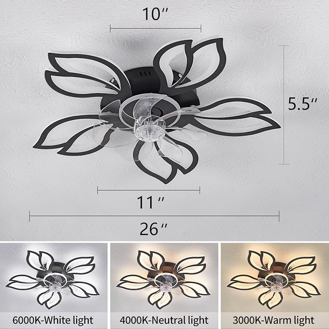 Dalouguan Ceiling Fan with Lights Remote Control, 26" Black Modern Leaf 6 Speeds 3 Light Color Low Profile Flush Mount Ceiling Fan for Kitchen Bedroom