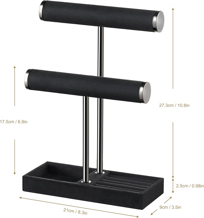 bussdis 2 Tier Bracelet Holder Display, Necklace Holder Organizer, Black | Velvet Necklace Holder | Jewelry Tree | Jewelry Towers | Jewelry Stand Organizer for Necklaces, Bracelets, Earrings, Rings
