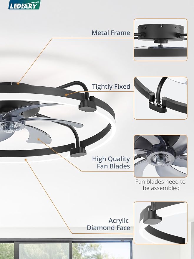 LEDIARY 26" Ceiling Fans with Lights and Remote, Low Profile Led Fan Light | Stepless Dimmable Fandelier, 6 Wind Speeds, Remote and APP Control, Flush Mount Ceiling Fan for Bedroom, Living Room, Black