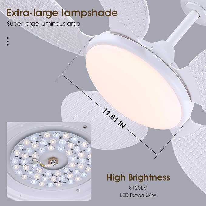 48"White Tropical Style Palm Leaf Ceiling Fans with Lights and Remote & APP | Supports Remote and APP, 6 Wind Speeds, Reversible, Dimmable 3CCT LED, 35W Quiet DC Motor,Suits for Bedroom Kitchen