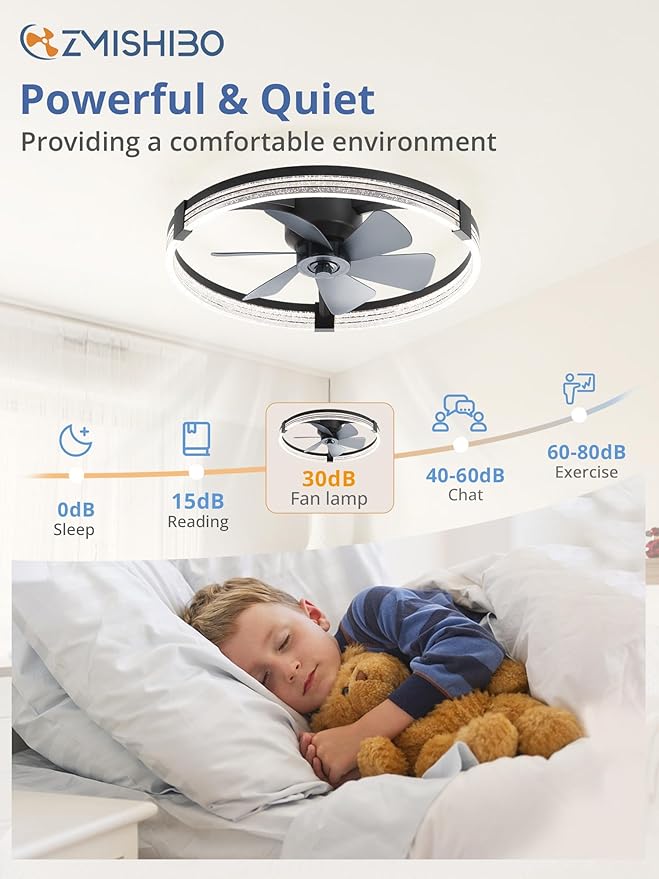 ZMISHIBO Low Profile Ceiling Fans with Lights, Flush Mount Modern Ceiling Fan and Remote Control, 23" LED Ceiling Fans, Stepless Dimmable 3 Colors and 6 Speeds