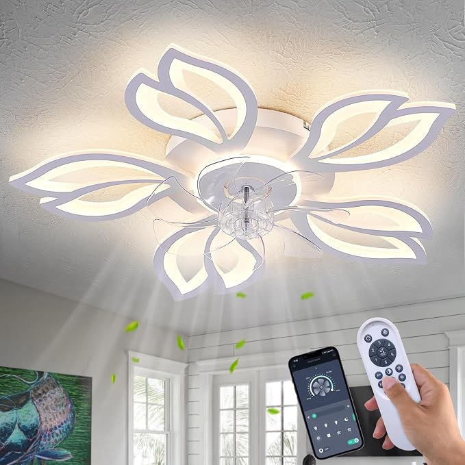 Dalouguan Ceiling Fan with Lights Remote Control, 26" White Modern Leaf 6 Speeds 3 Light Color Low Profile Flush Mount Ceiling Fan for Kitchen Bedroom