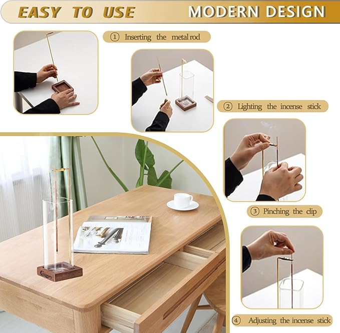 Ceremony Incense Holder,2Pack Wood Incense Holder for Sticks with Glass Ash Catcher,Incense Burner for Meditation Yoga Spa Room Decor