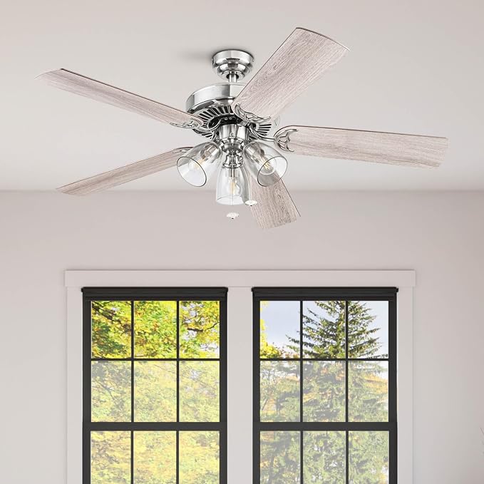 Prominence Home Saybrook Modern Farmhouse 52 Inch Ceiling Fan with Light, LED Ceiling Fan, Tri-Mount Indoor Fan with 5 Blades, Gray Oak and Brown Walnut Blade Finish Options, Matte Nickel (51592-01)