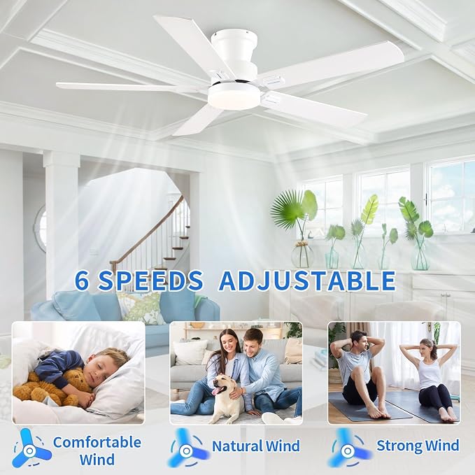 NKPU 52" Ceiling Fans with Lights, Low Profile Ceiling Fan with Light and Remote/APP Control, 6 Speed, Dimmable, Safe Quiet DC Motor, White Flush Mount Ceiling Fan for Bedroom Indoor/Outdoor Use