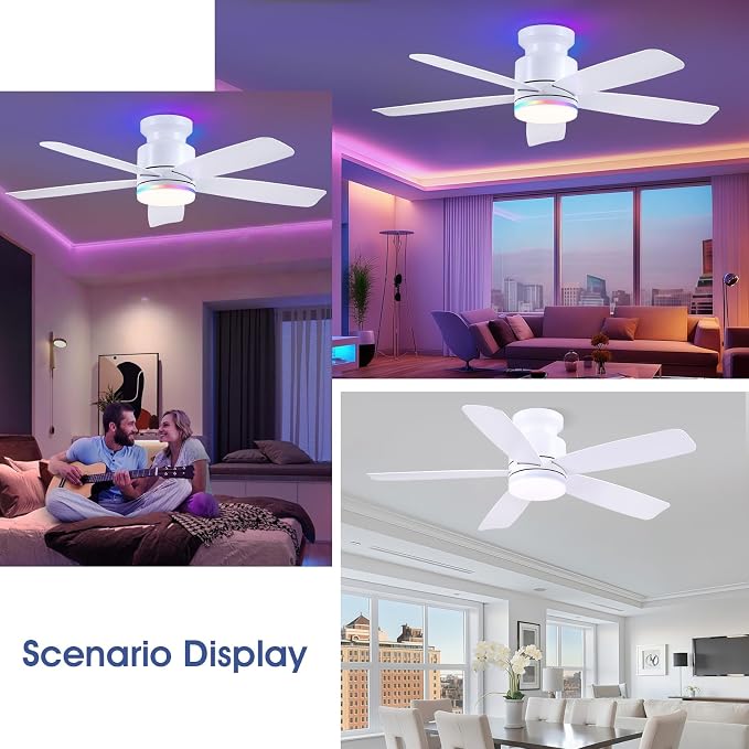 Wiviniya 46 Inch White Flush Mount Ceiling Fans with Lights, 5 Blades Reversible, 6-Speed 2H Timer, RGB & 3 CCT Dimmable, Remote & APP Control for Bedroom Kidsroom
