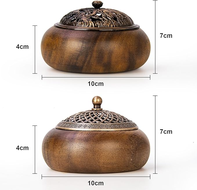 2 Pack Incense Cone Holder, Wooden Incense Burner with Brass Cover, Bakhoor Burners for Sticks Coil, Frankincense Room Home Decor Yoga Spa Meditation (R)