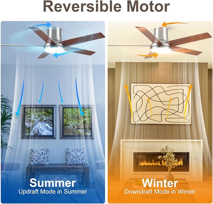52 Inch Pro Flush Mount Ceiling Fans with Lights and Remote | 3CCT Dimmable LED, 6 Speed, Quiet DC Motor, 3-Level Timer Function, Forward/Reserve For all Seasons, Indoor/Covered Outdoor