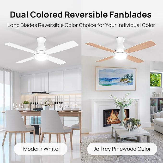 Consciot Ceiling Fan With Lights, 52 Inch Modern Low Profile Ceiling Fan, Remote Control, Quiet Reversible DC Motor, Dimmable 3 Color, 4 Double Finish Blades, Flush Mount, Indoor Only, White