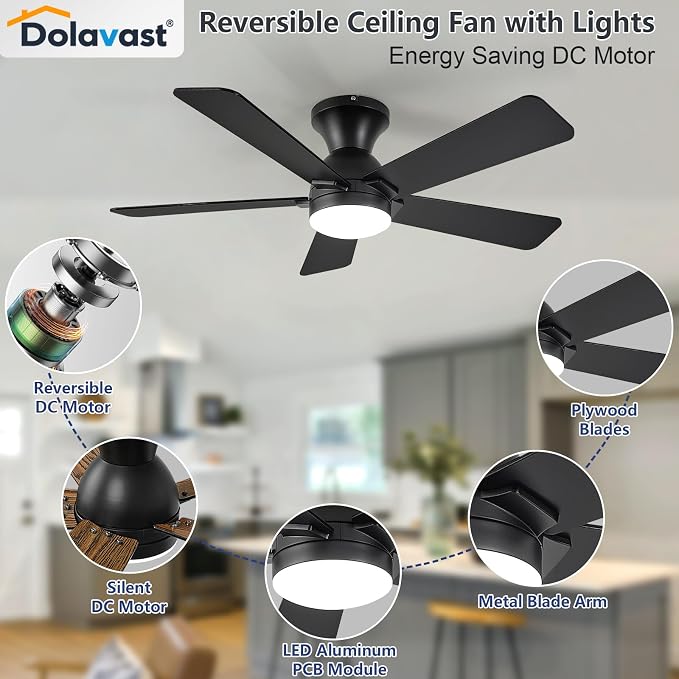 Ceiling Fans with Lights, 42 Inch Low Profile Ceiling Fan with Light and Remote Control, Flush Mount, Reversible, 3CCT, Dimmable LED, Quiet, Black Ceiling Fan for Bedroom, Kitchen