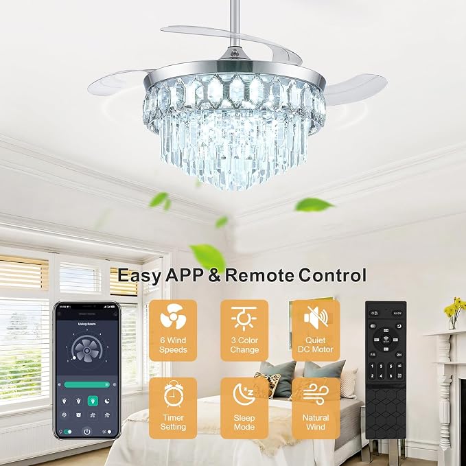 FIDGRA 42 Inch Fandelier Ceiling Fan with Light, Retractable Ceiling Fan with Lights Chandelier Fan for Bedroom, Living Room, 3 Color Temperature, 6 Wind Speed-Chrome