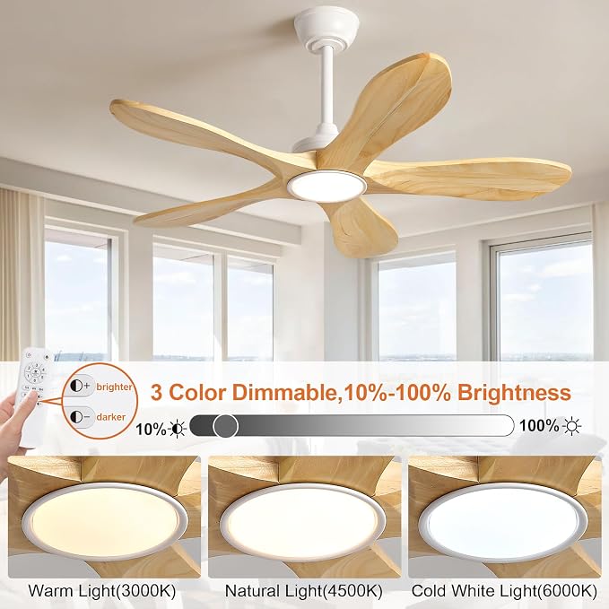 42 Inch White Ceiling Fans with Lights and Remote Control, Wood Ceiling Fan with Light, Modern Indoor Outdoor Ceiling Fan for Patio, Bedroom, Dimmable, 6 Speeds Reversible DC Motor