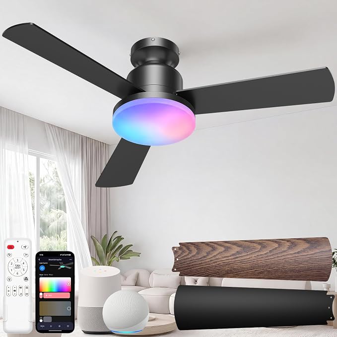 CINOTON Smart Ceiling Fan with Lights, 42'' RGBCW Low Profile Ceiling Fan with Lights and Remote, App/Voice Control, Reversible DC Motor, 2400lm Dimmable, 6 Speeds, Quiet Fan for Bedroom, Living Room