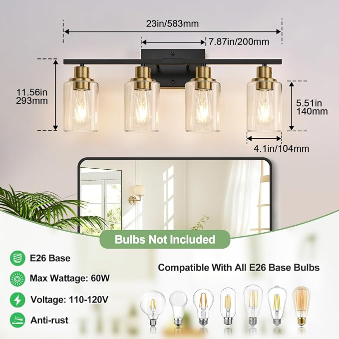 Indoi 4-Light Bathroom Light Fixtures, Black and Gold Modern Vanity Lights with Clear Glass Shades, Bathroom Wall Lamp for Mirror Living Room Cabinet Bedroom Porch