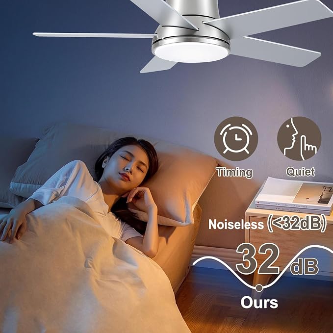 42 Inch Pro Brushed Nickel Flush Mount Ceiling Fans with Lights and Remote | 3CCT Dimmable LED, 6 Speed, Quiet DC Motor, 3-Level Timer Function, Forward/Reserve For all Seasons, Indoor/Covered Outdoor