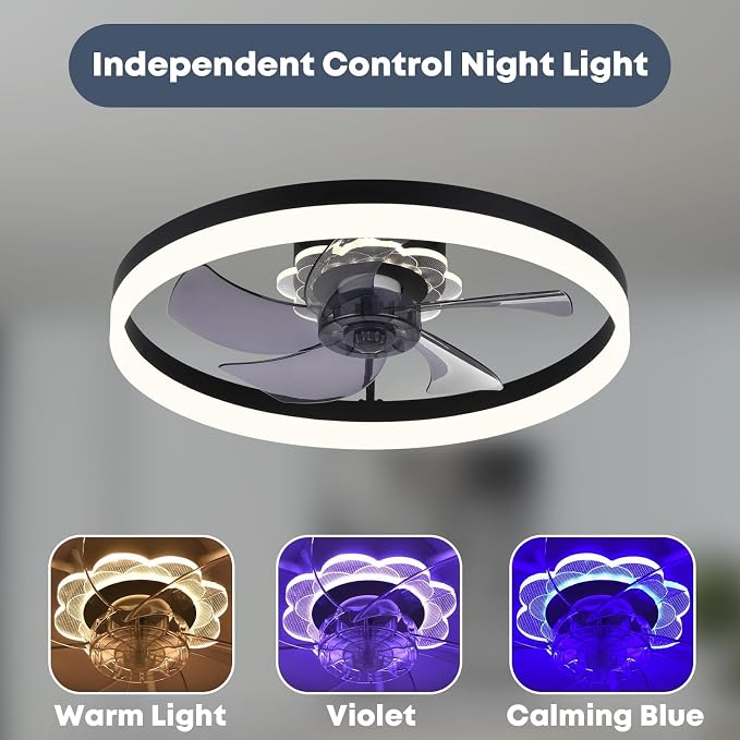 FSZDORJ 24'' Ceiling Fan with Light and Remote, Low Profile Ceiling Fan with Light, Dimmable Flush Mount Ceiling Fan Light, 6 Speeds Fan, App&Remote Control, Fandelier Quiet Fan for Bedroom F115 White