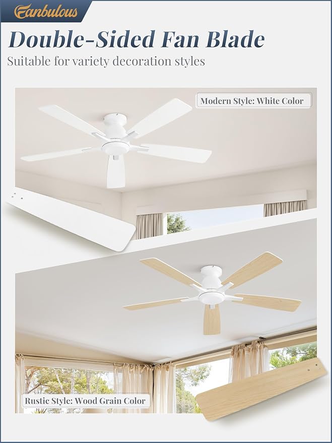 Fanbulous 52 Inch Flush Mount Ceiling Fan No Light with Remote, White | Modern Low Profile Without Light, 6-Speed, Quiet Reversible DC Motor, Indoor/Outdoor Use, for Bedroom, Living Room, Patio