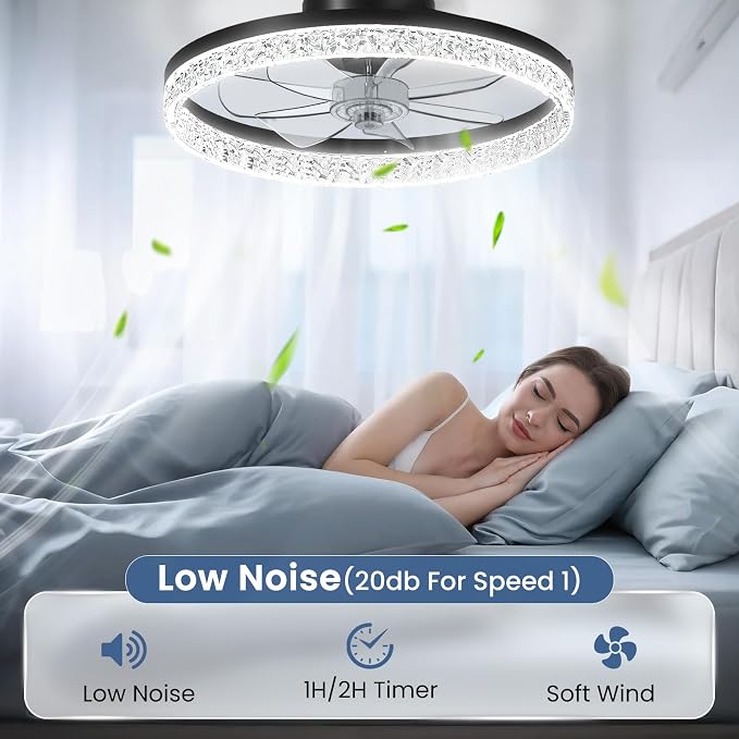 CHAREADA Ceiling Fan with Light, 20" Modern Low Profile Foldable Ceiling Fans with 6 Wind Speeds (Crystal Black)