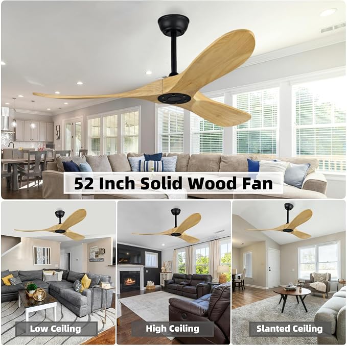 Contemporary Style 52 Inch Wooden Ceiling Fan, Boom Mounted, with Remote Control, Reversible DC Motor, Suitable for Living Room, Bedroom, Dining Room, Terrace, Farmhouse