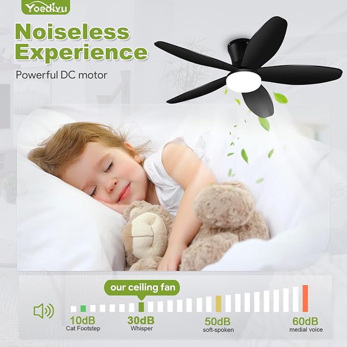 Ceiling Fans with Lights - 42 Inch Low Profile Flush Ceiling Fan with Light and Remote Control, Flush Mount, 6-Speed, 3CCT, Noiseless,Timer, Black Ceiling Fans for Bedroom Indoor/Outdoor Use