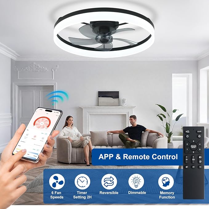 DLLT Bladeless Ceiling Fans with Lights: 24 Inch Modern Flush Mount Low Profile Ceiling Fan with APP Remote Control - Black Enclosed LED Fandelier Dimmable Quiet DC Motor for Bedroom Living Room