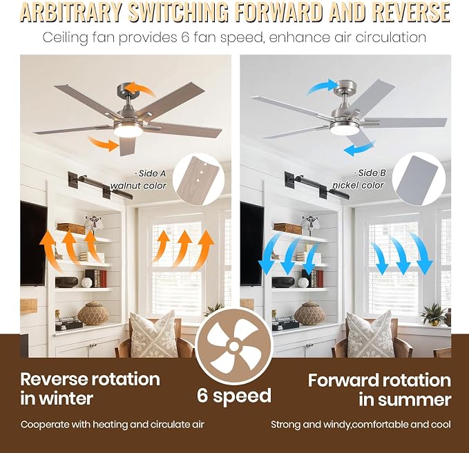 Ceiling Fans with Lights, 52 inch Brushed Nickel Ceiling Fans with Lights and Remote Control, Reversible, 3CCT, Dimmable, Noiseless, Downrod, Modern Ceiling Fan for Bedroom, Indoor/Outdoor Use