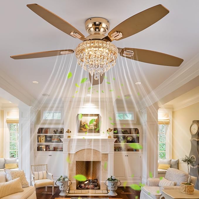 Crystal Ceiling Fan Fandelier with Lights-Ceiling Fans with Lights,54" Low Profile and Remote Control, Flush Mount, Reversible, Dimmable, Noiseless,Gold Ceiling Fan for Bedroom