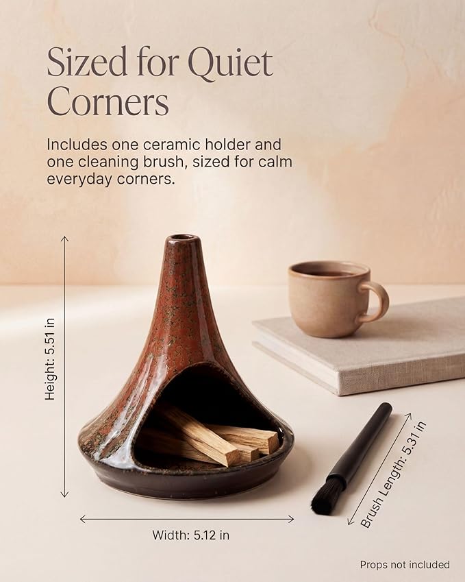 Ceramic Palo Santo Holder & Ash Catcher with Mini Chimney, Incense Holder & Sage Burner, Wabi-Sabi Home Decor for Meditation & Yoga(Rust Ember)