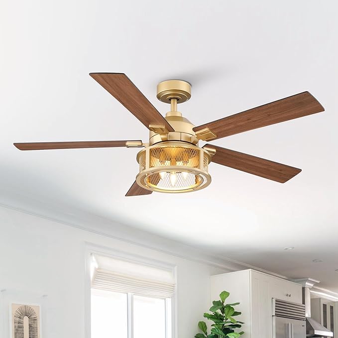 52 Inch Vintage Gold Ceiling Fans with Lights and Remote, 5 Dual Finish Blades, Quiet Reversible Motor, Farmhouse Ceiling Fan Light for Living Room & Bedroom