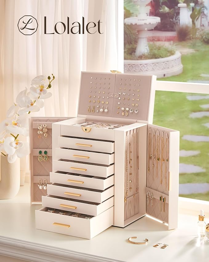 Lolalet Large Jewelry Box Organizer for Women, 8-Layer Jewelry Organizers and Storage Case with Mirror & 7 Drawers, Lockable Watch Ring Earring Bracelet Necklace Holder Girls Gift -8Layer, Beige